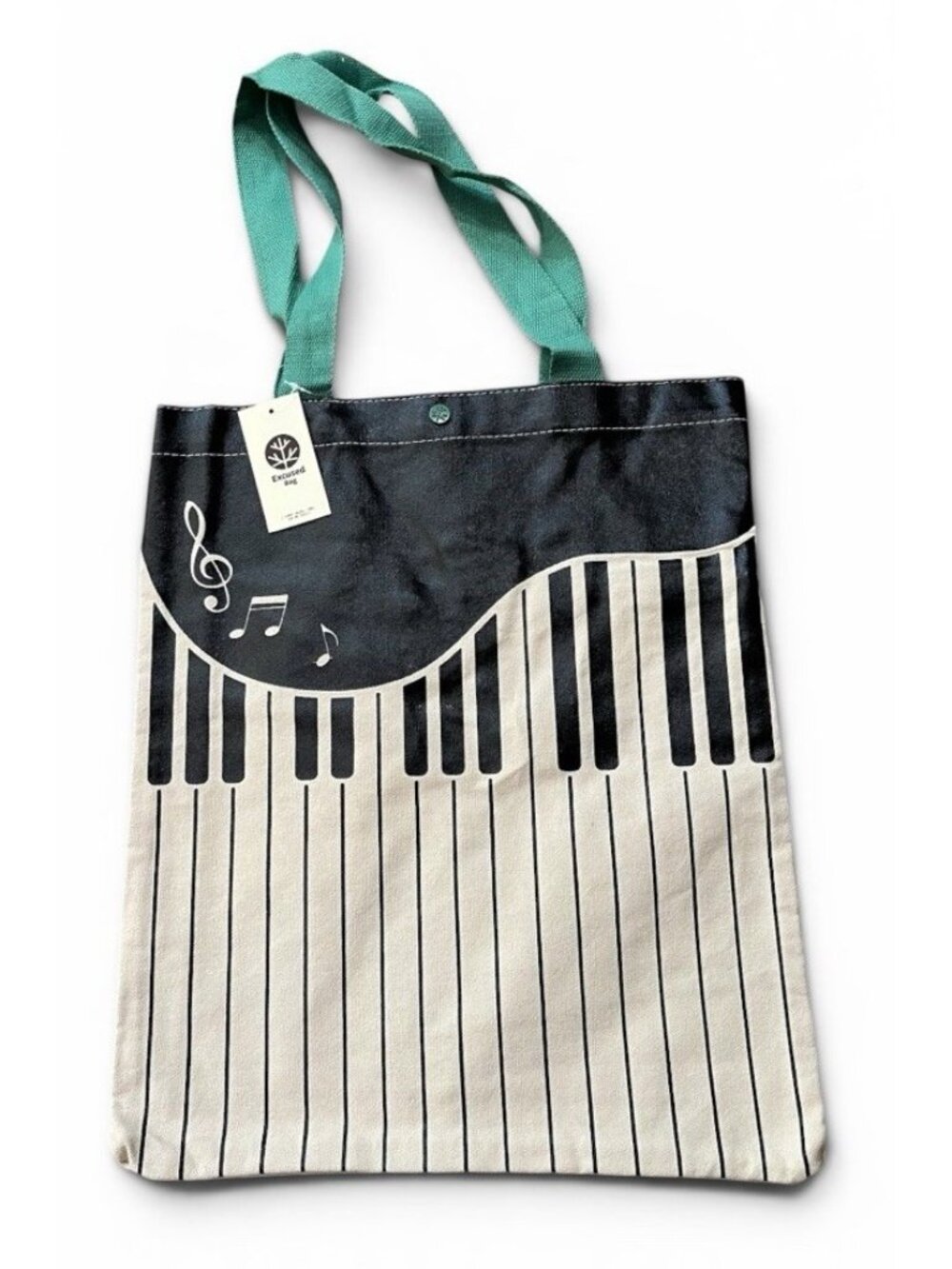 Piano Keys Tote Bag Reusable Music Note Handbag Canvas Double Handles Tan Black